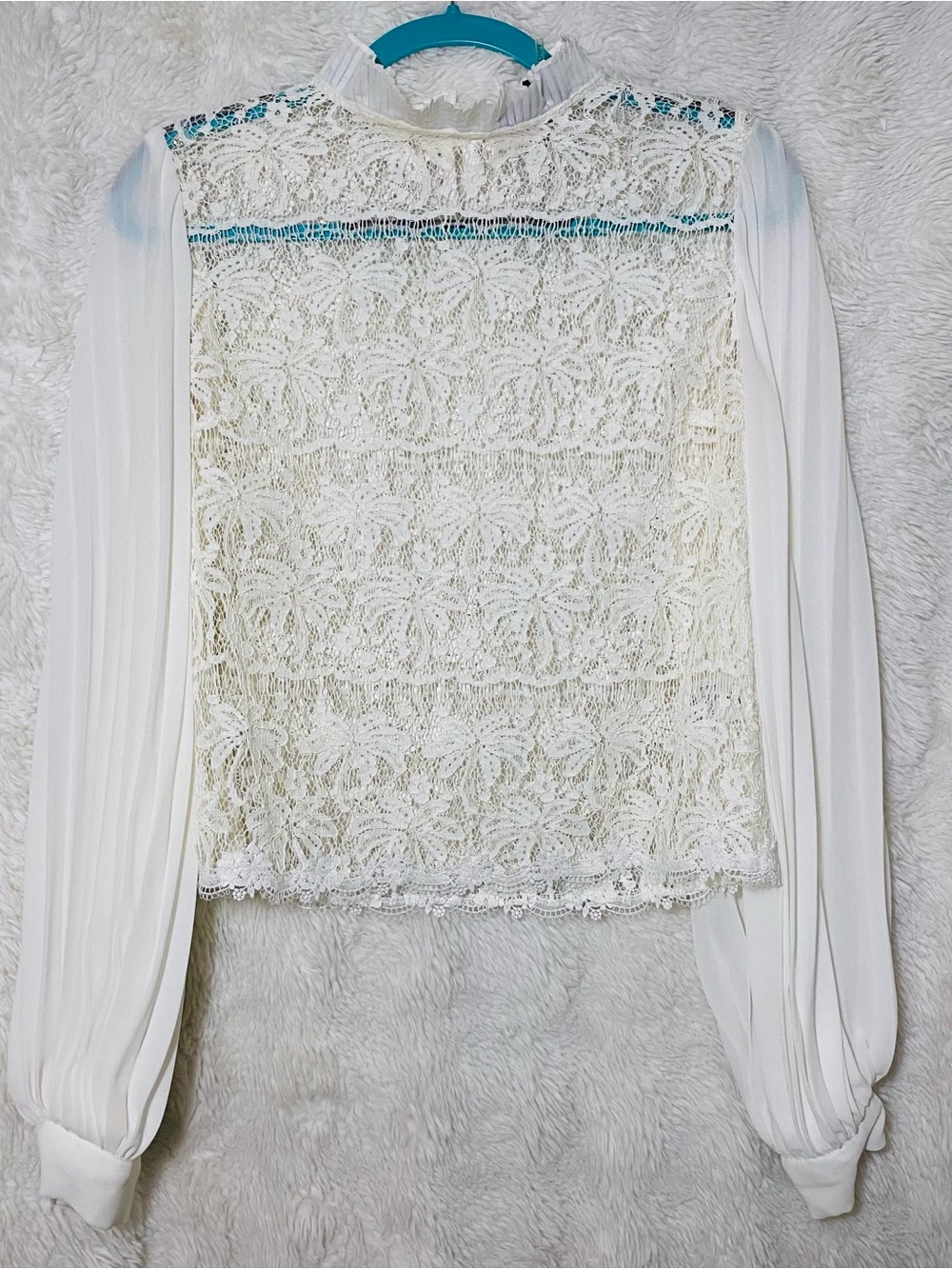 Gracia Ivory Lace High-Neck Blouse with Pleated Sleeves